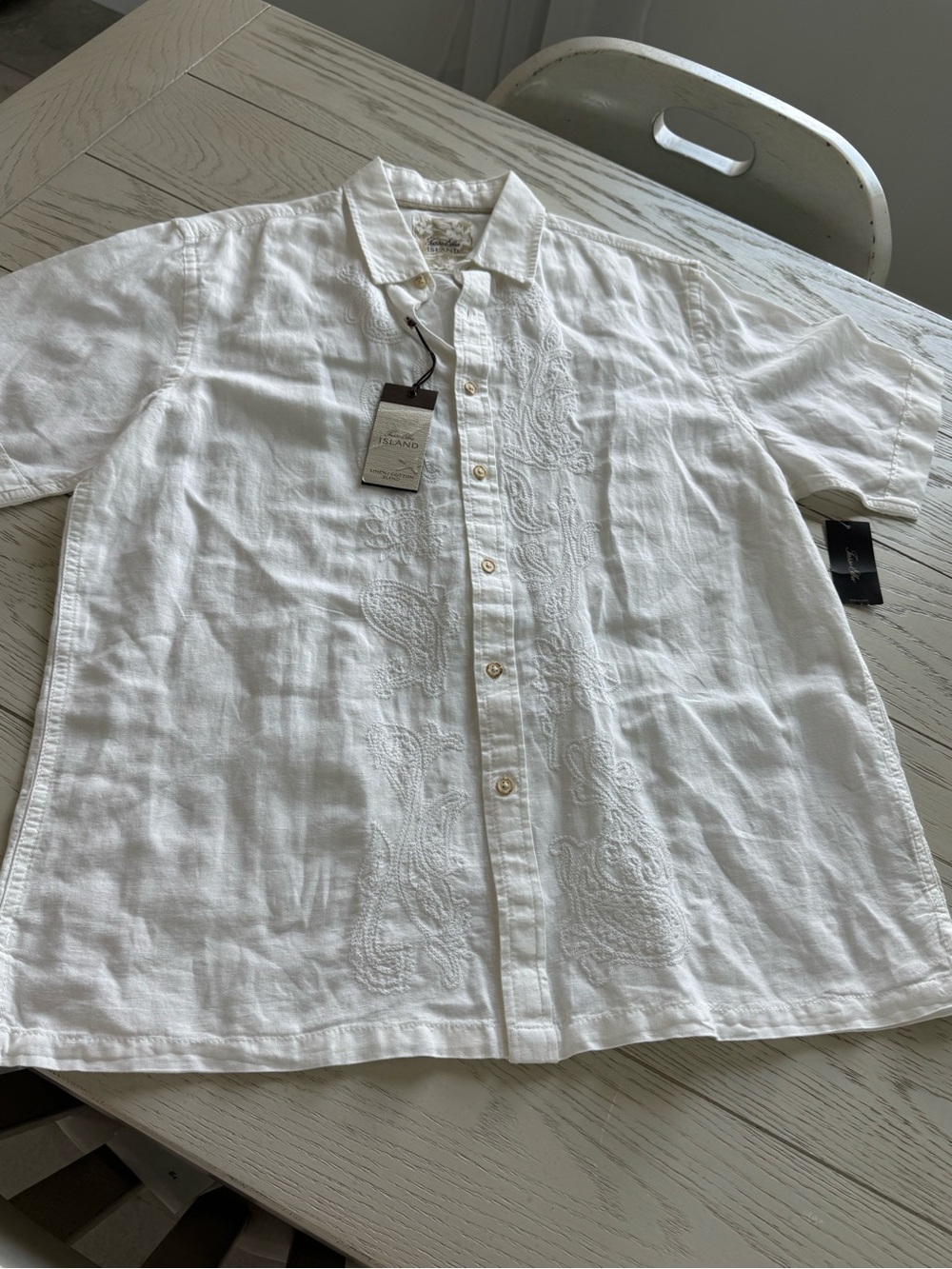 Tasso Elba White Short-Sleeve Embroidered Button-Down Shirt